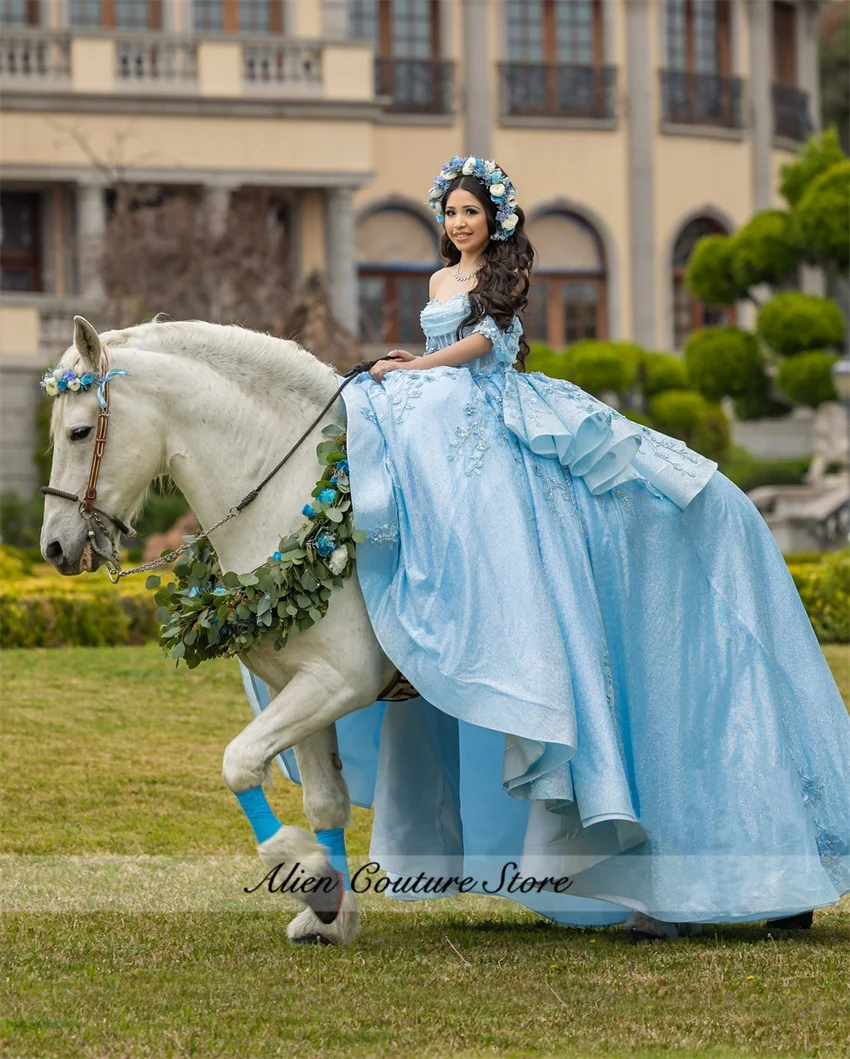 Sky Blue Ball Gown Quinceanera Dresses Pearls Flowers Beaded Appliques Sweet 16 Dress Vestidos De 15 Años 2025 Customized 3