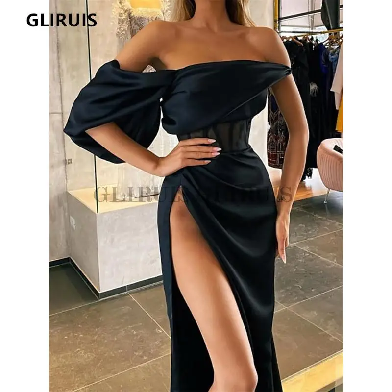 

Modern Black Evening Dresses Satin Pleats Ruched High Side Split One Puffy Shoulder Women Party Dress Prom Gowns