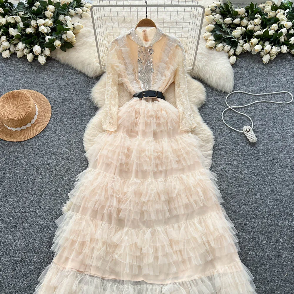 Elegant Embroidered Sequins Long Dresses Autumn Women Layer Ruffles Cake Full Sleeve Evening Party Vestidos Mesh Tulle Long Robe