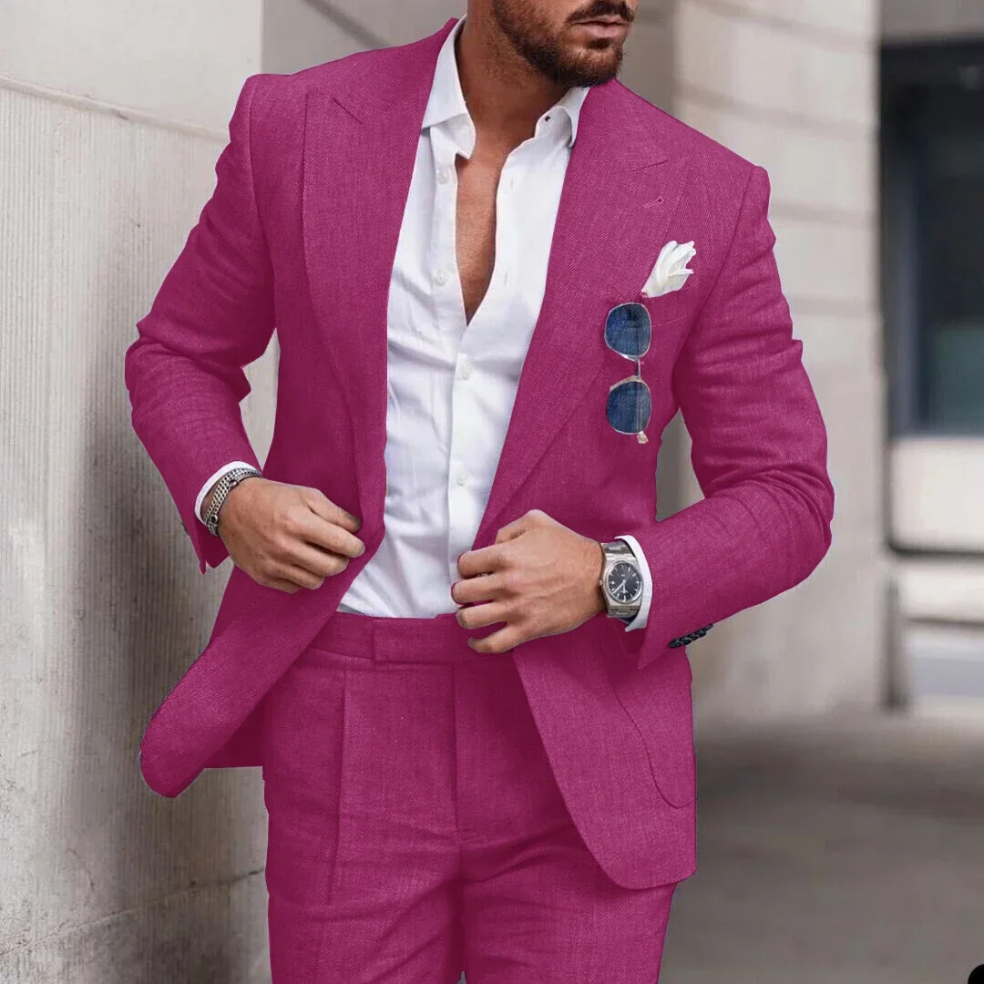 Purple Linen Summer Casual Men Suit Wedding Suits For Men High Quality Custom Prom Elegant Blazer Slim Fit 2 Piece Costume Homme