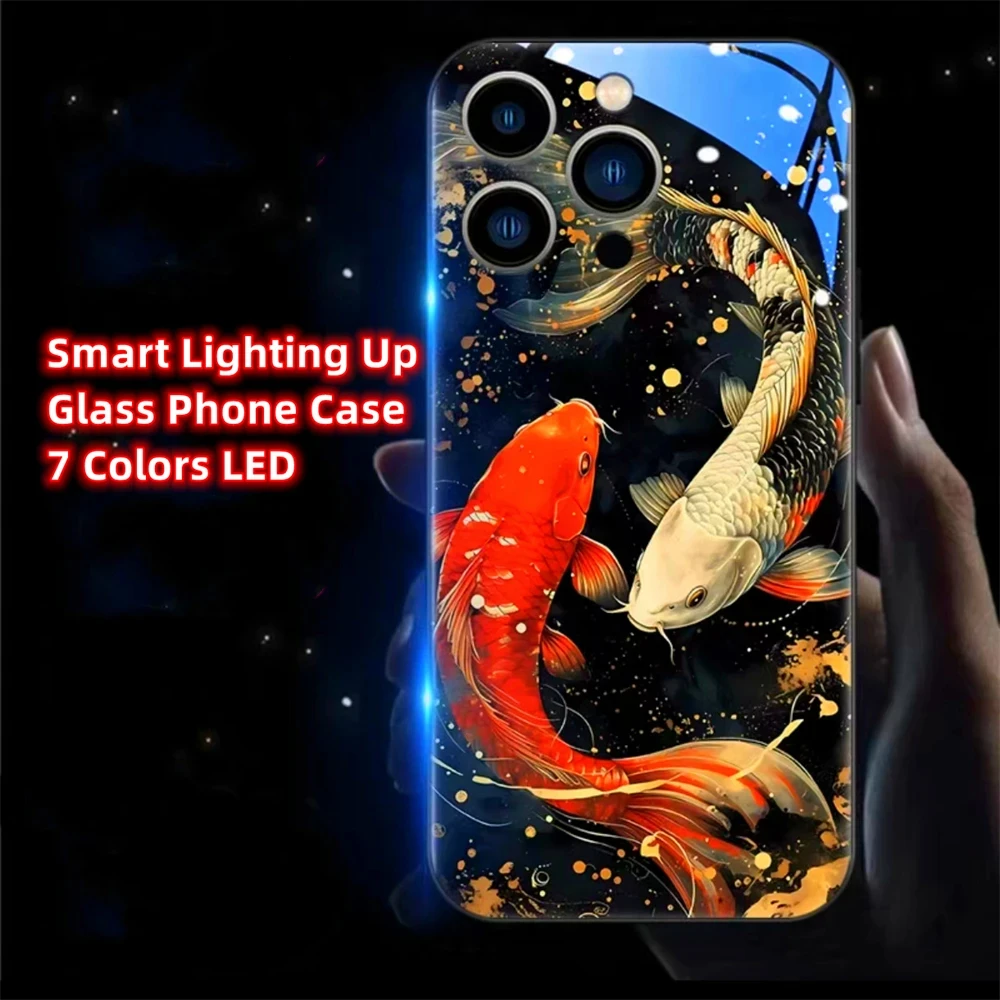 

Chinese Koi Fish Smart LED Light Glowing Tempered Glass Phone Case For iPhone 15 14 13 12 11 Pro Max XR XS Plus 6 7 8 SE2020