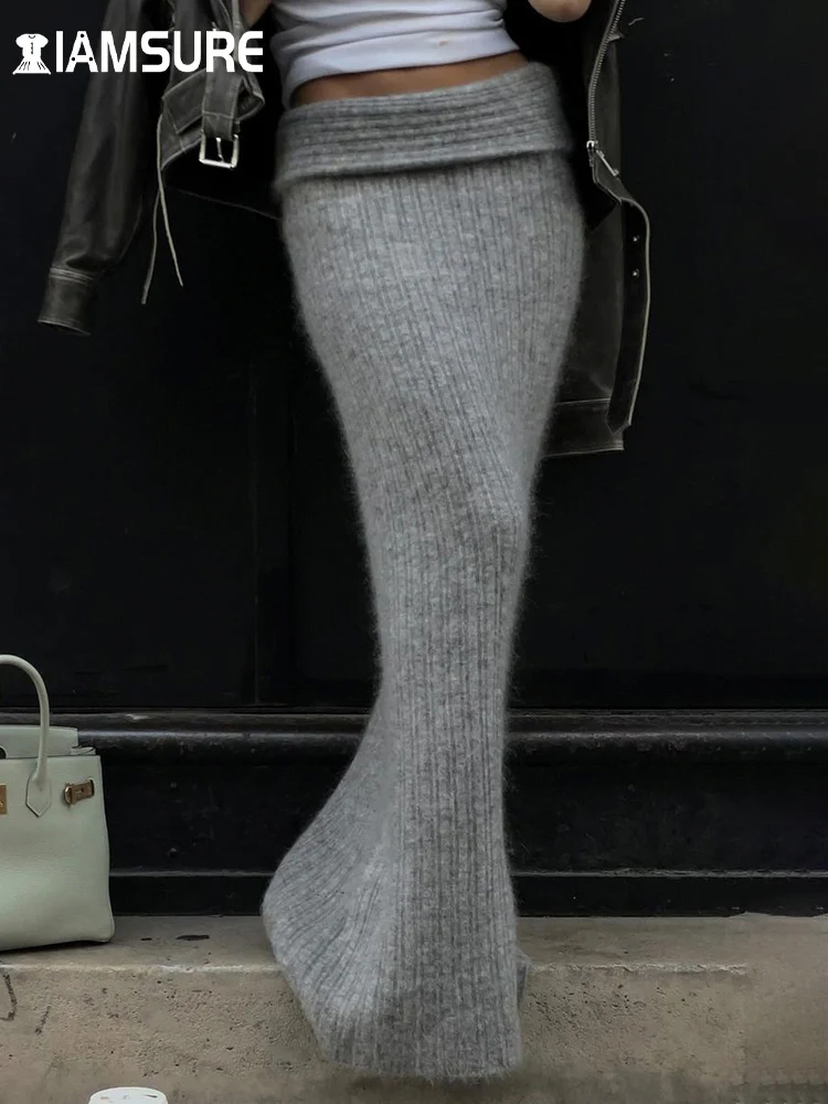 

IAMSURE Elegant Fashion Casual Solid Knitted Skirt Basic Solid Slim Low-Waisted Maxi Skirts Women 2023 Autumn Winter Streetwear