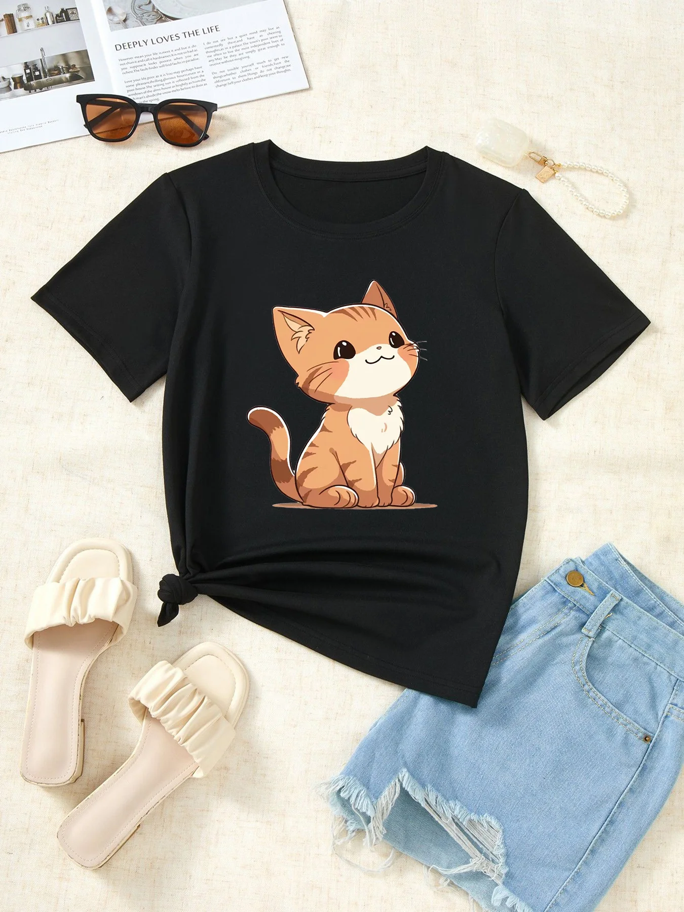 

Cat Print Crew Neck T-shirt, Short Sleeve Casual Top For Summer & Spring, Women's Clothing shirts for women