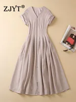 ZJYT Summer Fashion Runway Dress for Women 2025 Designer Short Sleeve Striped Front Zipper Midi Casual Vestidos Party Robe