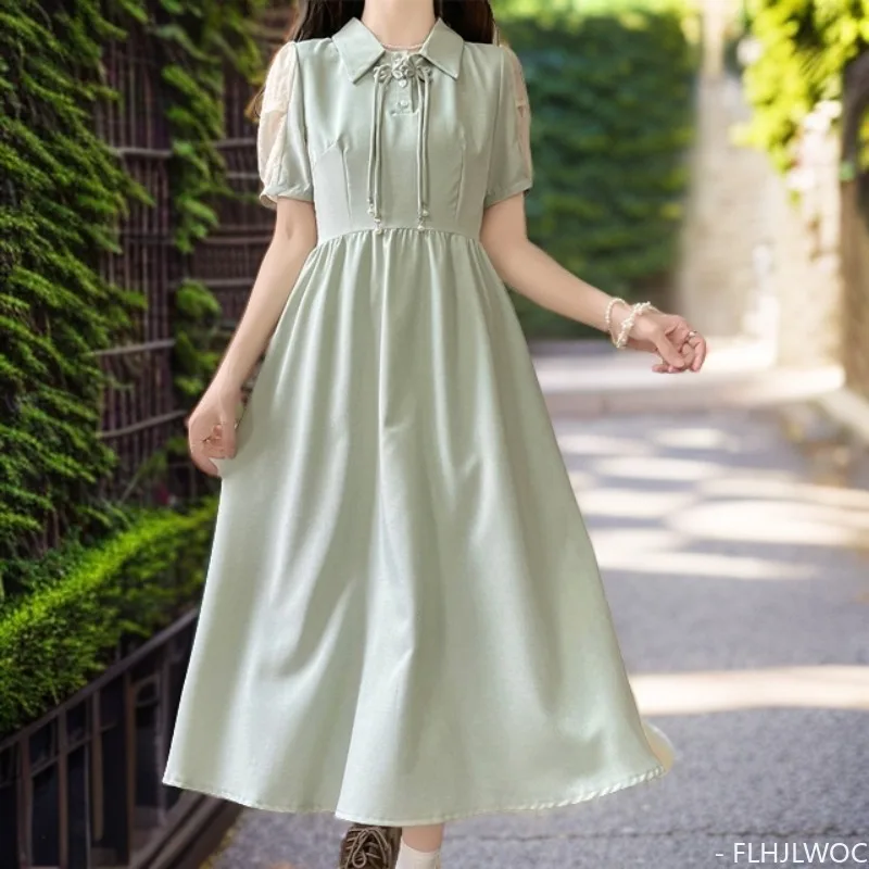 

Женское платье-рубашка в японском стиле, милое винтажное платье-рубашка в стиле преппи с короткими рукавами, пуговицами и воротником-Ципао в стиле ретро, лето 2024
