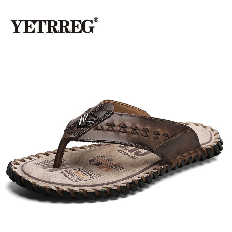 Chanclas de auténtica hechas a mano para hombre, zapatillas de para exteriores, Sandalias planas de verano, zapatos informales, talla 48| | - AliExpress