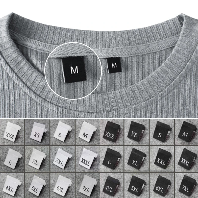 Clothing Labels 100Pcs Clothing Size Label Black Text White Garment Clothes T Shirt Dress Cloth Fabric Label Tag S M L XL 2XL 3XL 4XL 5XL
