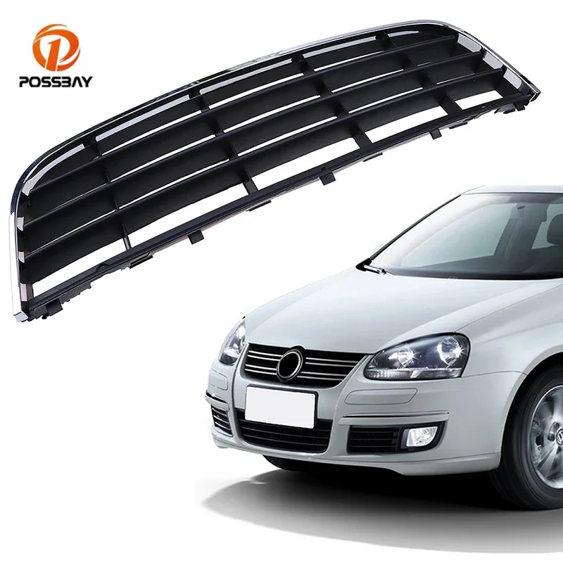 

POSSBAY Car Durable Front Center Bumper Lower Grille Black Grills Cover Vent With Chrome Trim Side For VW GOLF MK5 GTI 2004-2009
