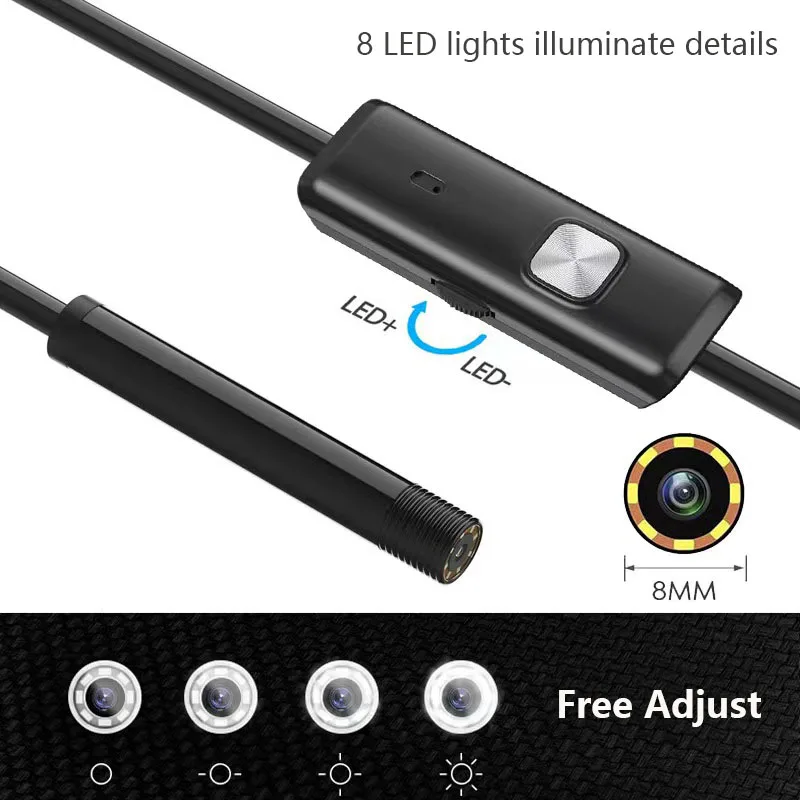 USB-C 검사 보어스코프 카메라, OTG 안드로이드 폰 PC용, 8LED 조명, 유연한 스네이크 카메라, 단일 렌즈 내시경 카메라