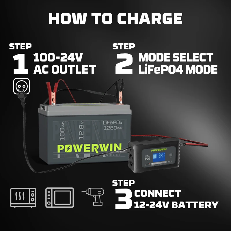 POWERWIN BT100 12.8V LiFePO4 Battery with PI1200 12V Portable Inverter & P20 Smart Battery Charger, Off-Grid Power Solution 4