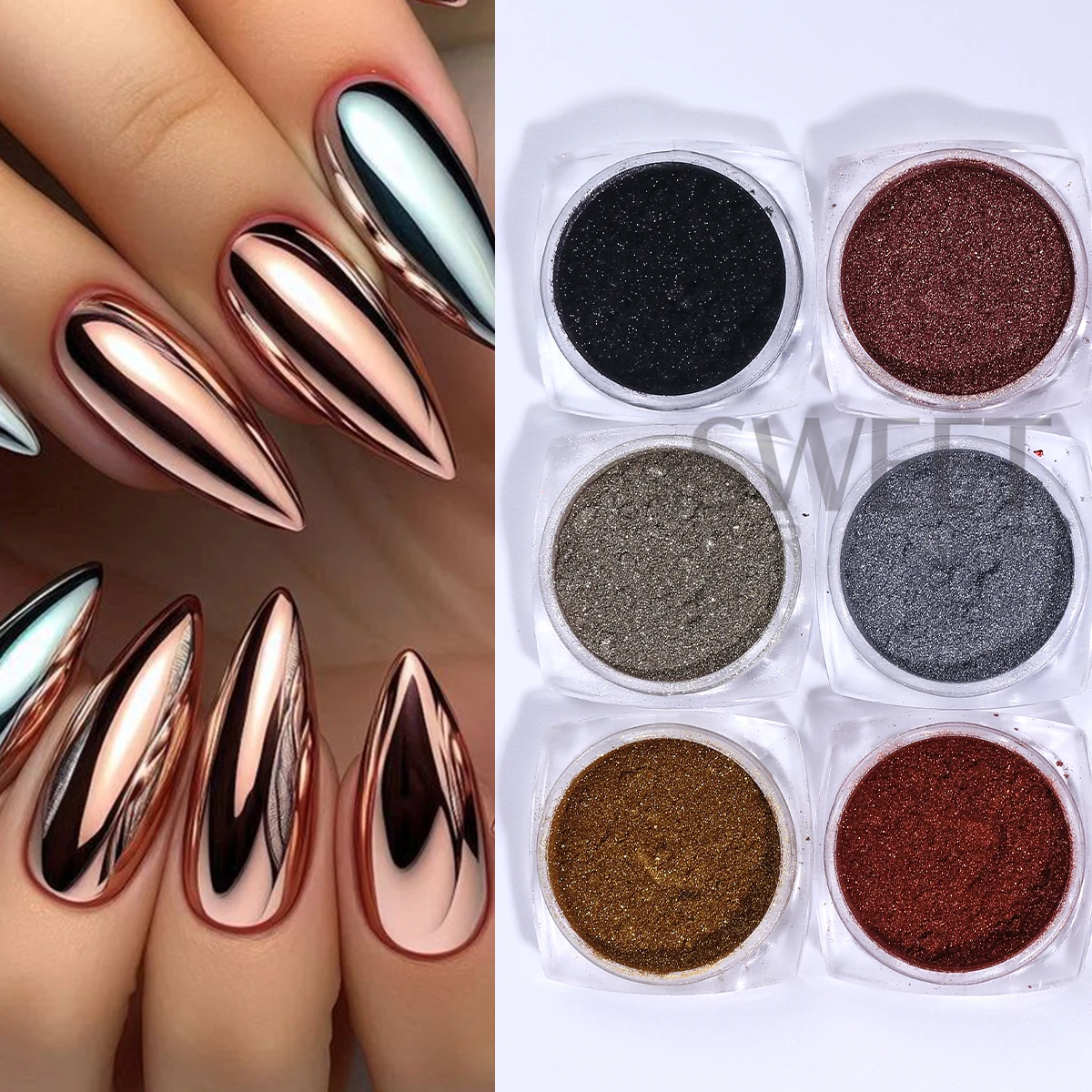 6 Color Retro Magic Mirror Nail Powder Pigment Y2K Black Golden Champagne Chrome Rubbing Dust Halloween DIY Flash Manicure Decor