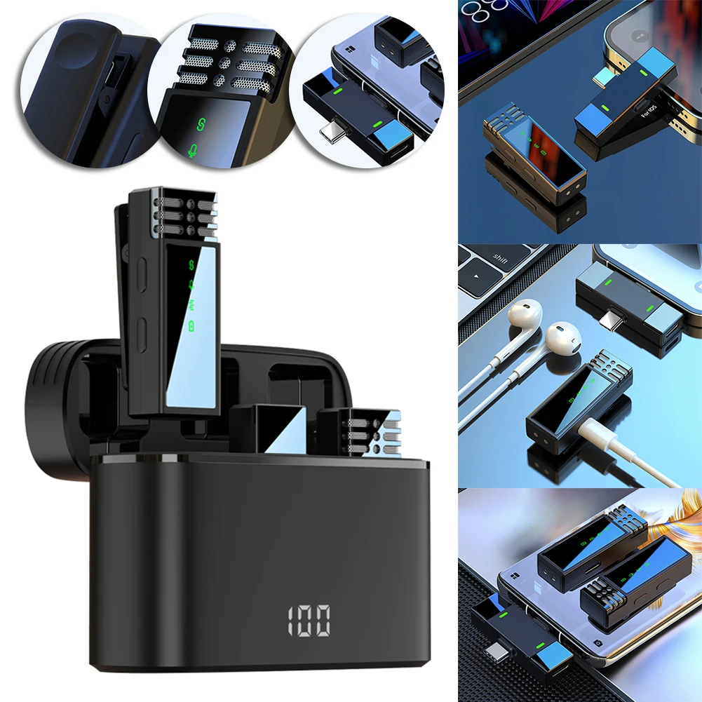 소형 미니 클립 라펠 마이크 노이즈 캔슬링, USB C + 8 핀 포트, 충전 케이스 포함, 아이폰 15, 14, 13, 아이패드 맥북용
