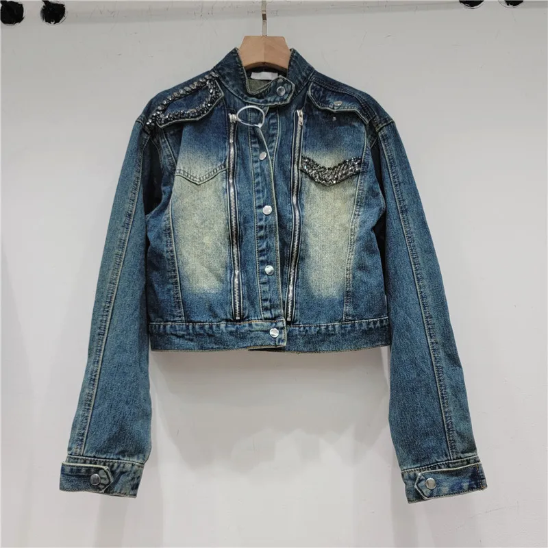 

European Trendy Brand Denim Short Jacket Women's Early Autumn 2023 New Design Sense Shoulder Order Diamond Thin Retro Top