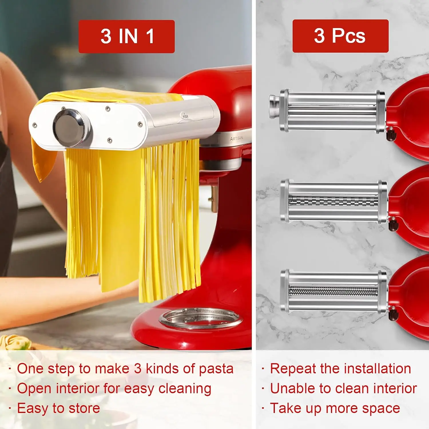 Maker Attachment for KitchenAid Stand Mixers 3 in 1 Set Includes Pasta Roller Spaghetti Cutter & Fettuccine Cutter Pasta