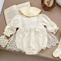 2025 New Spring Baby Clothing Toddler Baby Girls Romper Long Sleeved Waffle Cotton Lace Splicing Korean Style Climbing Suit
