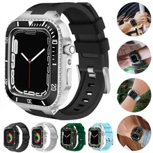 Metal Case+Ceramics Bumper for Apple Watch 45mm 44mm Rubber Strap Modification Kit Wristband for iWatch Series 8 7 6 5 4 SE Belt