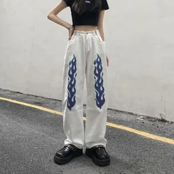 Cintura alta calças de brim femininas chama personalidade impressão hip hop branco em linha reta calças compridas moda casual senhoras perna larga calças de brim