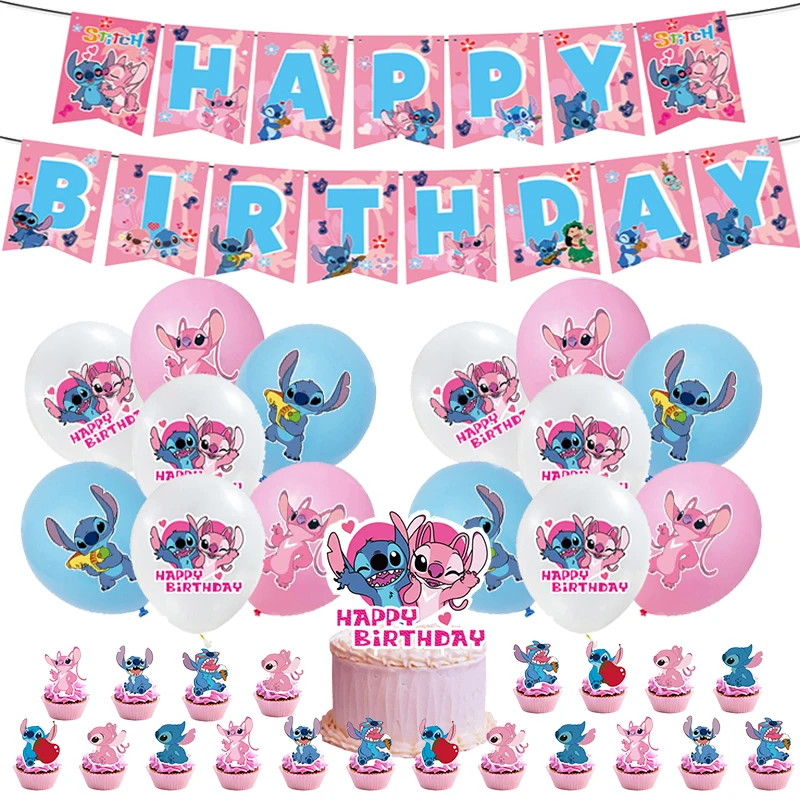 thumbnail image 1 of Decoración de cumpleaños de Disney Lilo y Stitch, juego de vajilla con puntada rosa, globos, mantel, vaso de papel, plato, telón de fondo, suministros para fiesta, 1 of 5