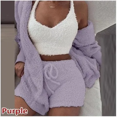 co ord sets women Three Piece Sexy Fluffy Outfits Plush Velvet Hooded Cardigan Coat+Shorts+Crop Top Women Tracksuit Sets Casual Sports Sweatshirt shorts co ord Women's Sets