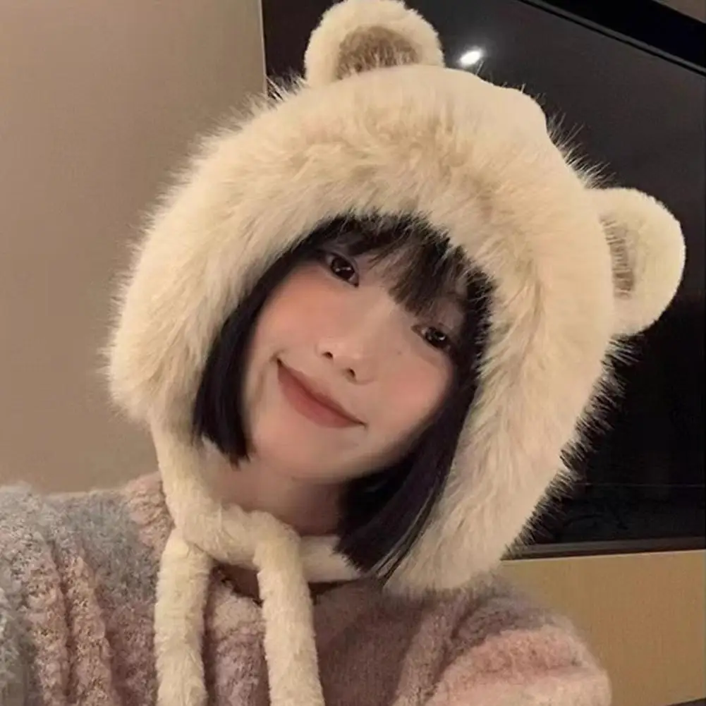 Woolen Hat Women Plush Bear Ears Windproof Autumn Winter