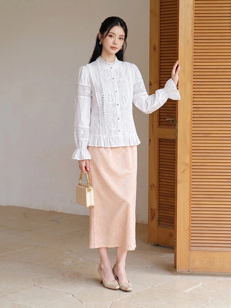 French White Lace Patchwork Blouse Women Puff Sleeve Long Sleeve Top Elegant Fairy Style Shirt Summer 6