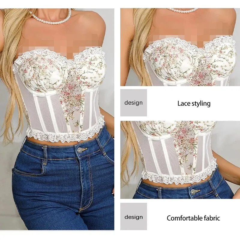 Women Lingerie Bra Lace Mesh Fish Bone Chest Flower Embroidered Strapless Top