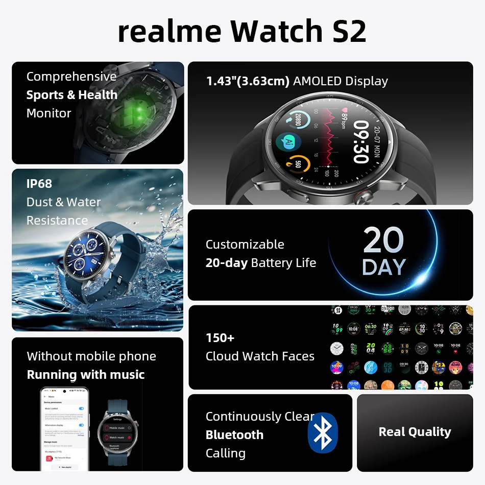 ۷ι  realme watch S2 SmartWatch 1.43'' AMOLED ÷    20 ͸  IP68  ð