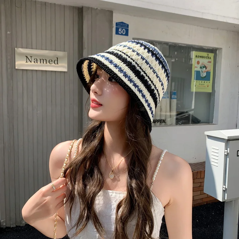 Colorful Stripe Knitted Bowl Hats for Women's Casual Versatile Korean Decoration Foldable Sun Visor Hat Bucket Hat sun hat,bucket hat,women bucket hat,women hat