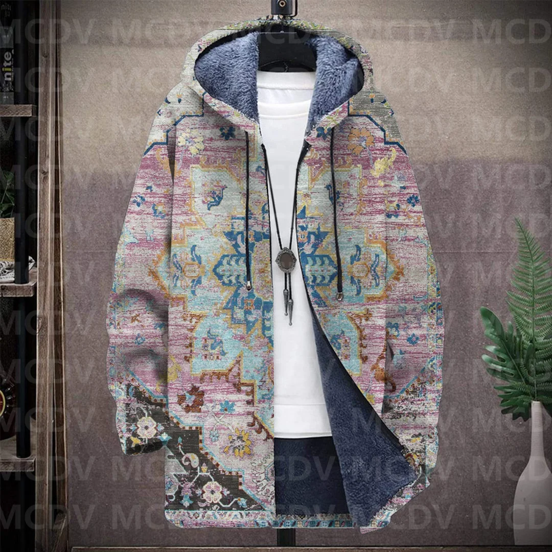 Men's Retro Flower Print Plush Thick Long-Sleeved Coat Fleece Hooded Overcoat Unisex Thick Warm Jacket