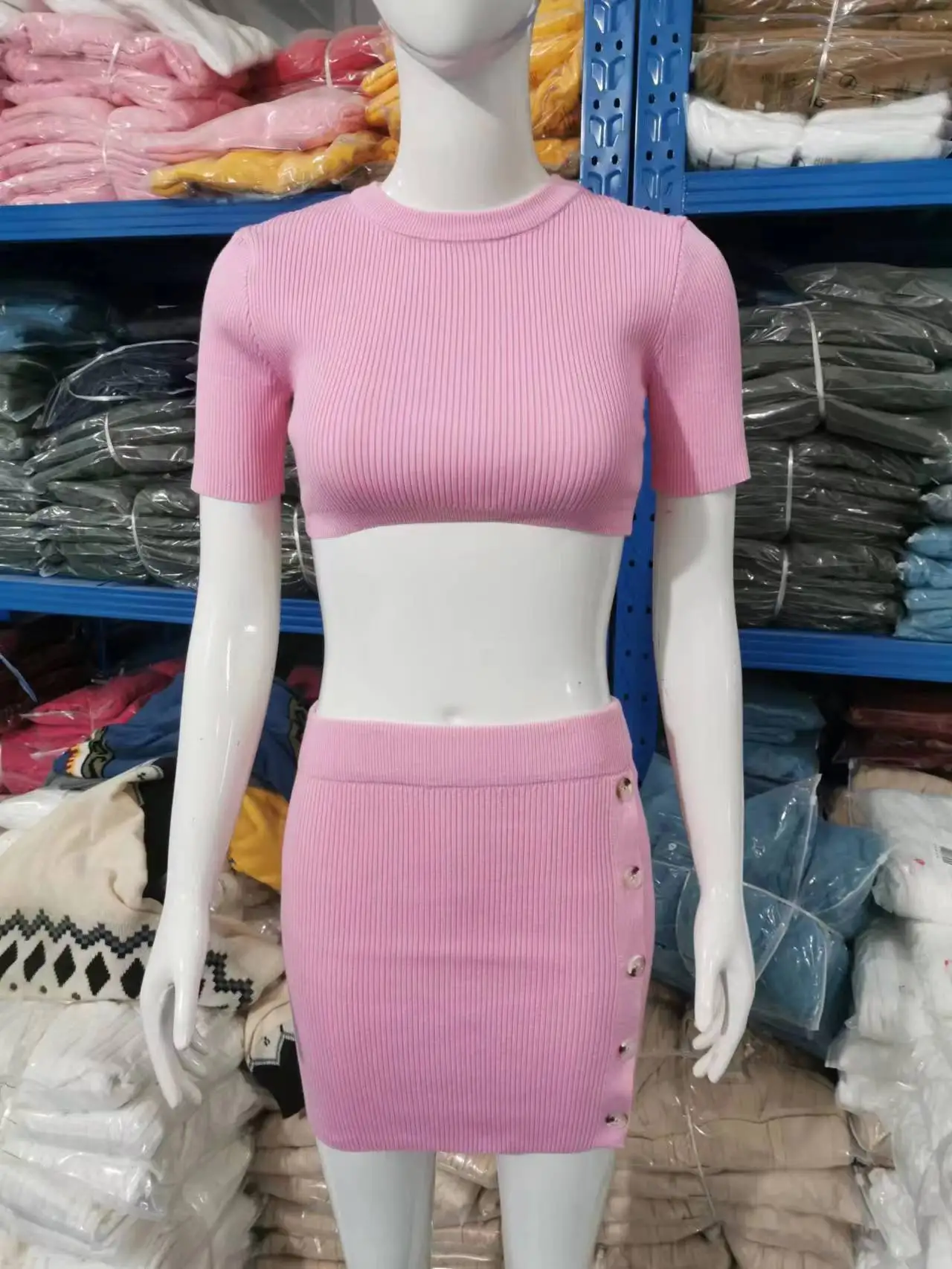 Pink Knitted Cropped Tank Top and High Elastic Short Skirt Set