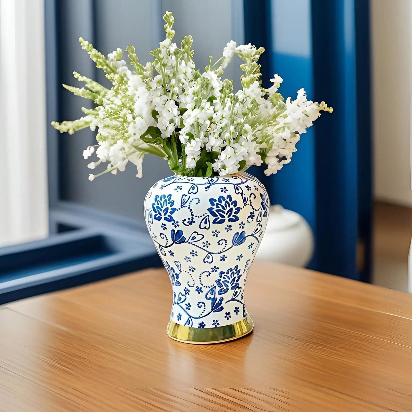 Blue and White Porcelain Ginger Jar Vintage Flower Arrangement Decorative Vase