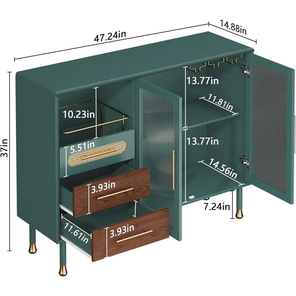 Green 48 Coffee Bar Cabinet with Pull-Out Wine Racks, Storage Drawers, and Serving Sideboard for Kitchen, Dining, and Living Roo