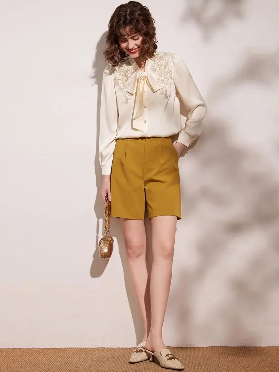 LOUIS YAO Women Shirt 2024 Spring New Elegant Lace-up V Neck Long Sleeve Bead Embroidered Flowers Loose Blouse Women Top