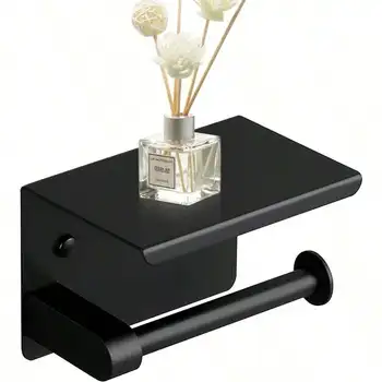 Toilet Paper Holder Stainless Steel Paper Roll Holder with Shelf Drilling Tissue Paper Holder Wall Mount (Black)