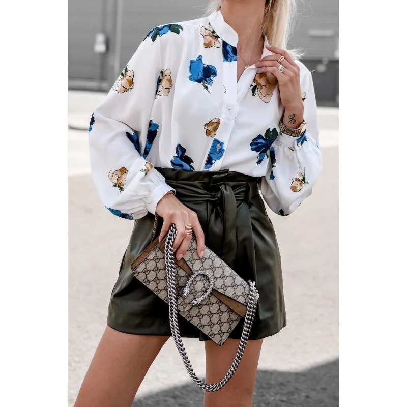 

Autumn New Small Stand Up Collar Floral Print Commuting Long Sleeved Shirt for Women