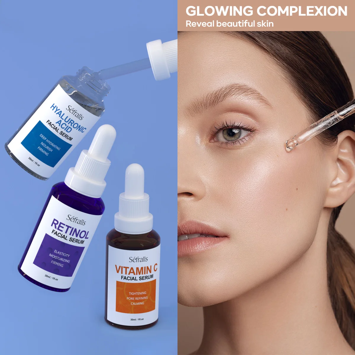 Séfralls-Coffret Essence VC à l'Acide Hyaluronique, Sérum à la Vitamine C, Vitamine-A et à l'Acide Hyaluronique pour l'Luminosité, Raffermissant, 30ml x 3 Pièces – Image 5