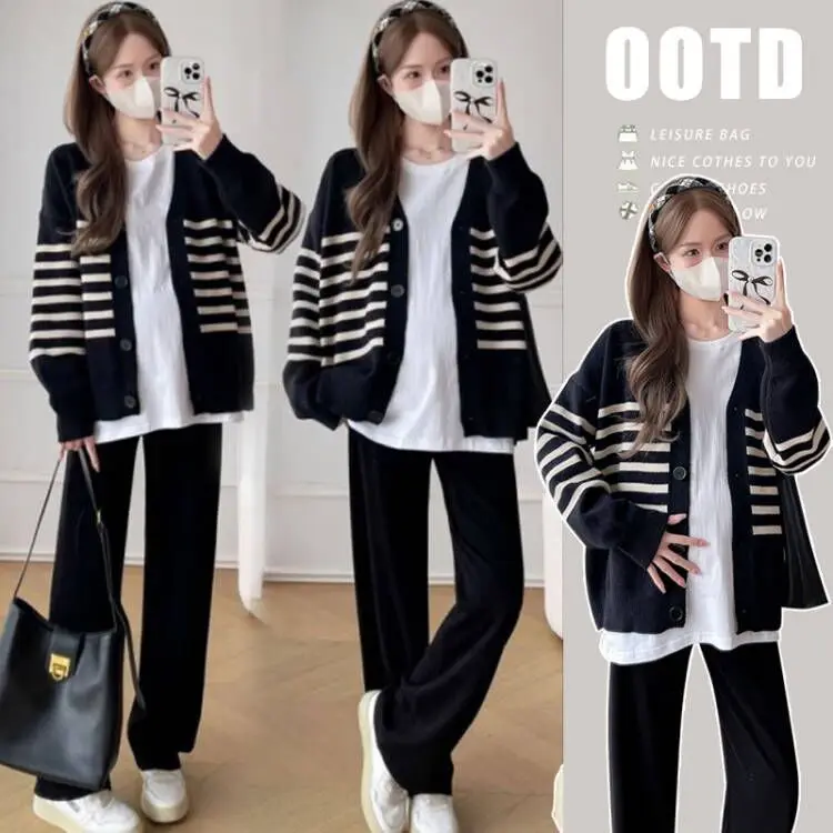 임산부 겨울옷 가디건 긴팔 두꺼운 면 플러스 사이즈 투피스 세트 (임신 후기용) 스트라이프 패턴