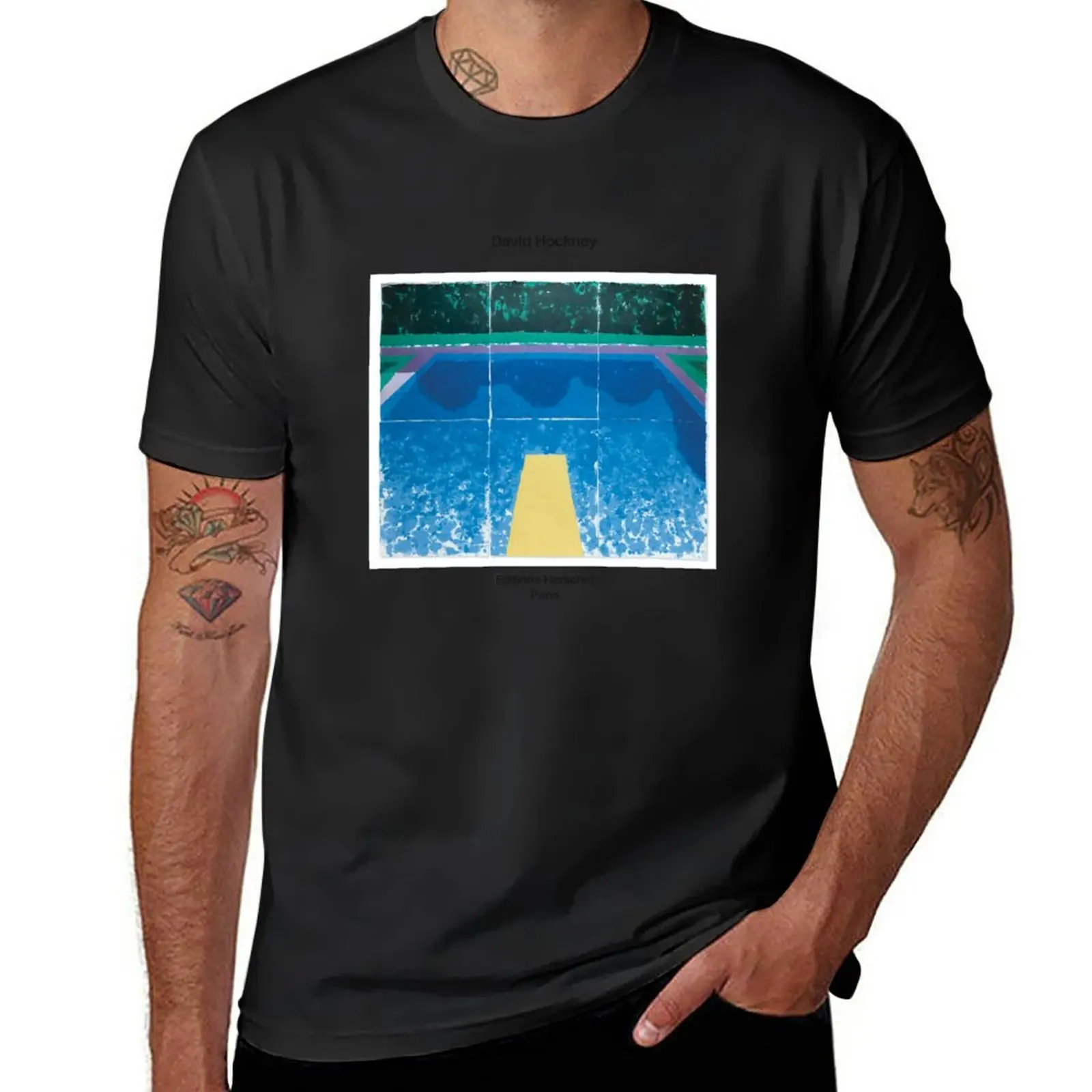 David Hockney Exhibition Art Poster - Piscines De Papier T-Shirt Oversize Vintage Plain Black T-Shirt Uomo