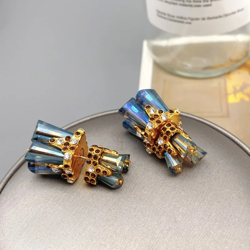 French Socialite Style Luxury Hyperbole Crystal Front And Rear Style Stud Earrings Women Ceremonial Dress Match Earring Jewelry