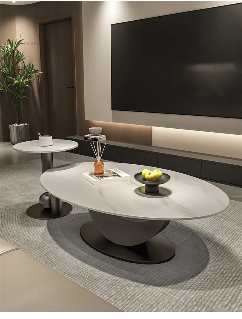 Italian Rock Slab Coffee Tables Household Coffee Table for Living Room Light Luxury Minimalist Small Apartment Oval Side Table