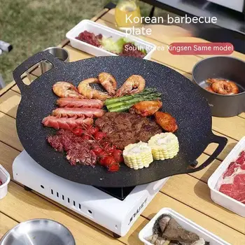 Round grill plate Non-stick grill plate Portable home frying pan for outdoor picnics Non-smoking grill plate grilling tool 1