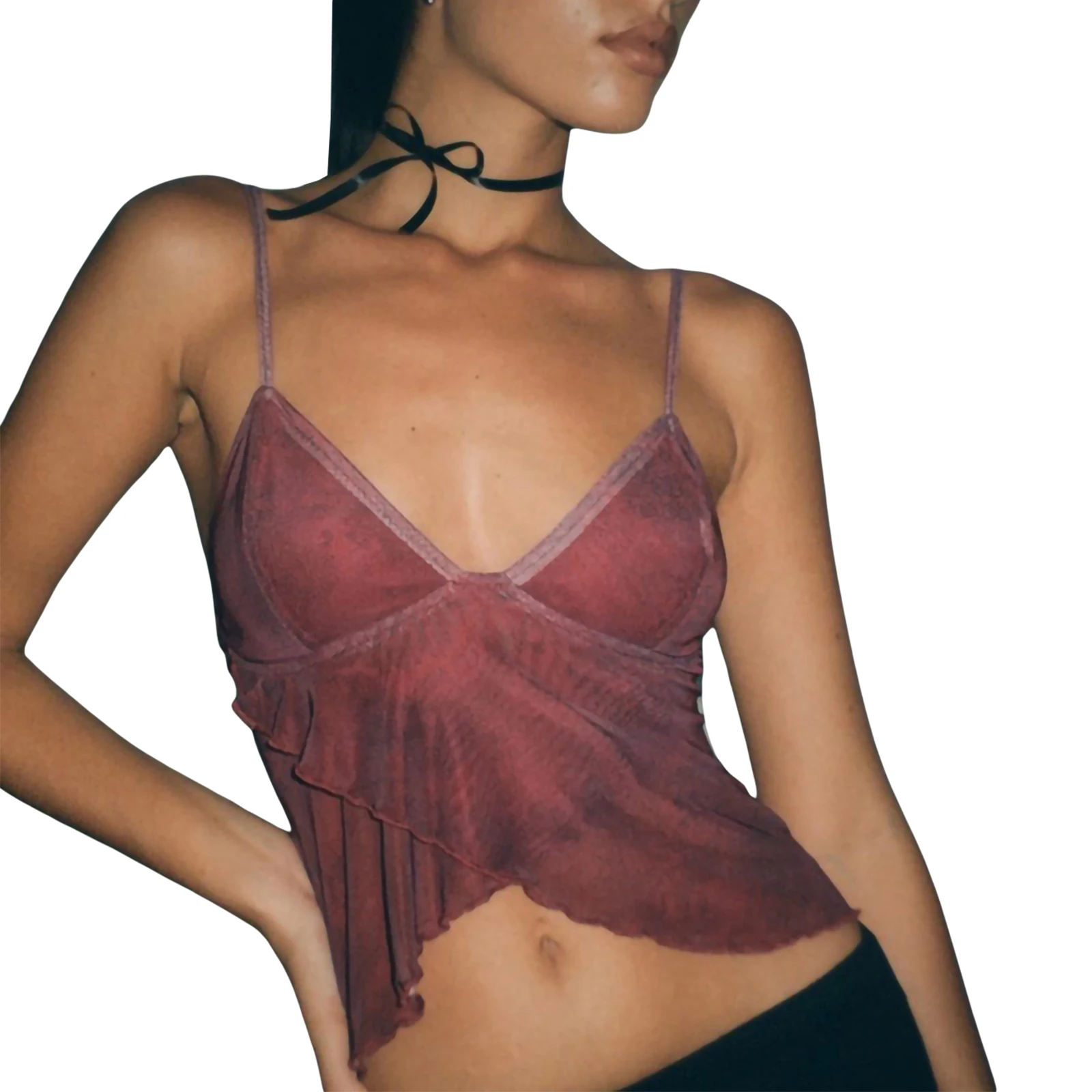 Graphic Printed Mesh See Through Vest Women Sexy Casual V-neck Sleeveless Suspender Camisole Patchwork Tank Top Y2K Streetwear