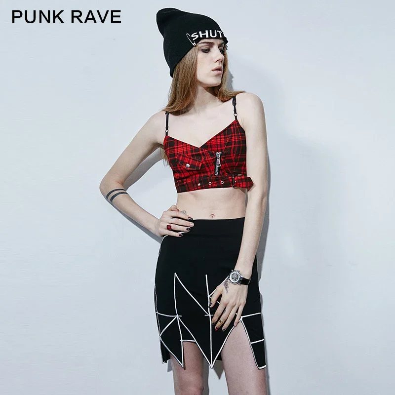 

PUNK RAVE Strapless red plaid sexy corset with fake zipper decorated Top Punk Elastic PU Girls Sexy Short Sleeves Vest Tops