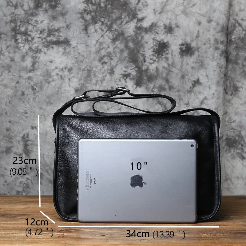 Men's Shoulder Bag Genuine Leather Casual Top Layer Cowhide Messenger Bag Black Fashion Backpack for 11 Inch Ipad NZPJ