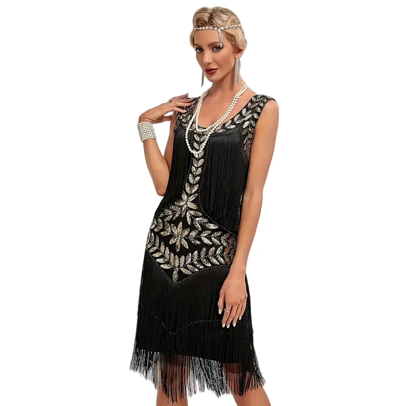 1920s Sleeveless Flapper Dresses Scoop Neck Great Gatsby Dresses Fringed Sequin Roaring 20s Dress Cocktail Party Costume 2