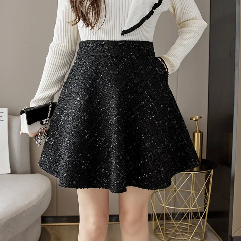 

Black Tweed Skirt Women High Waist A-line Short Mini Skirts Autumn Winter Vintage Korean Woolen Skirts Shorts Pockets Booty L614