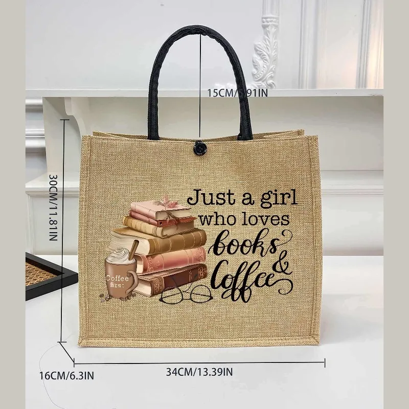 Chic Khaki Linen Beach Tote Bag with Coffee Books Print Lightweight Fashionable Handbag Shopping Bag for Women Daily Use Travel