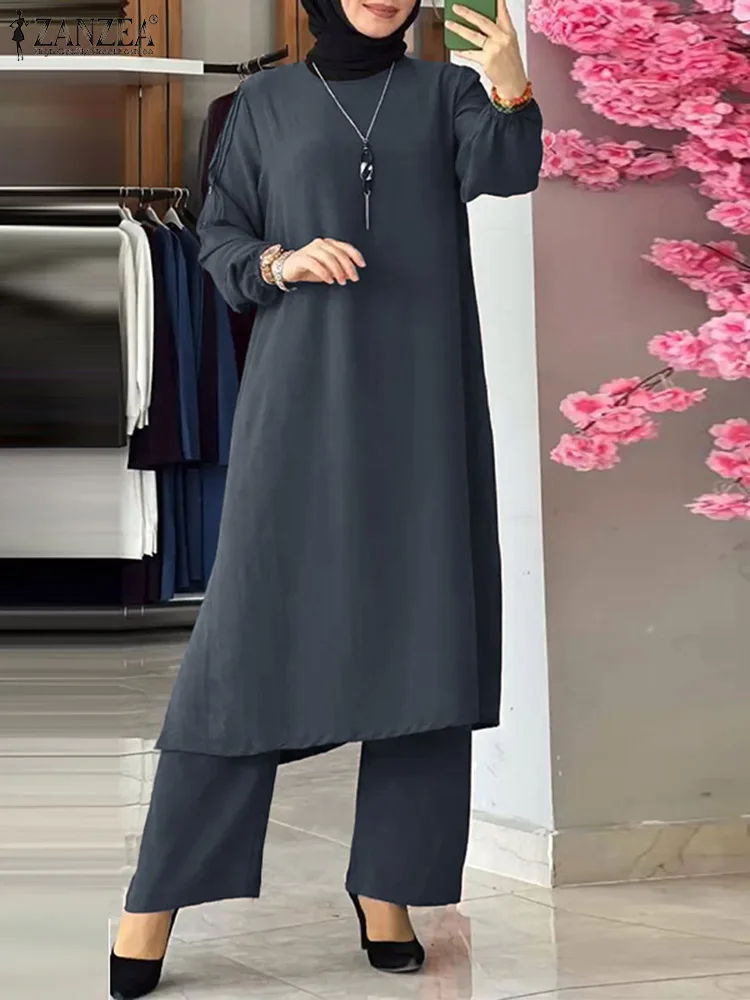 

ZANZEA Elegant Muslim Matching Sets Fashion Casual Suit Islamic Clothing Full Sleeve Blouse Loose Solid Color Abaya Hijab Pant