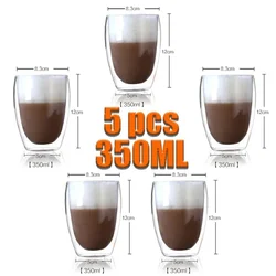 350ml Double Wall Handmade Glass Cup - Transparent Heat Resistant Drinkware for Tea, Coffee, Beer, and More (350ml X5)