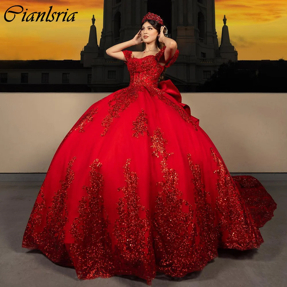 

Red Off The Shoulder Sequined Appliques Lace Ball Gown Quinceanera Dresses Pearls Beading Bow Corset Vestidos De 15 Años